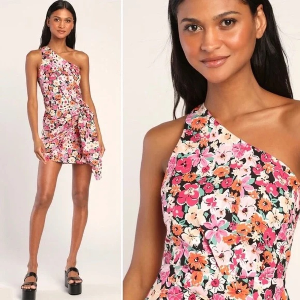 Lulu’s Garden Floral One-Shoulder Faux-Wrap Mini Dress Womens Large